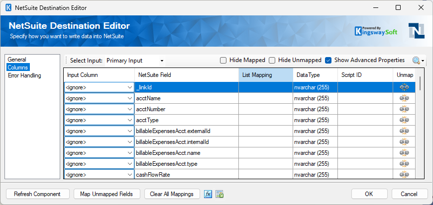 NetSuite ssis destination component coloumns